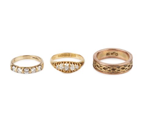 A diamond five stone ring, inset with graduated old-cut diamonds, 18ct gold mounted, another diamond five stone ring, the rou