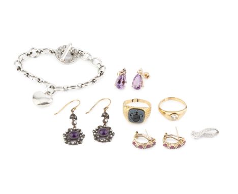 A collection of jewellery, comprising a diamond single stone ring, in gypsy setting, stamped '18CT', (diamond chipped), an in