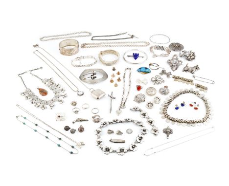 A collection of silver and white metal jewellery, to include a Swedish necklace and matching necklace section by G. Kaplan, c