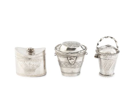 Three early 19th century Dutch silver thimble cases, one of oval caddy form, one of hat box form, and one with tapering body 