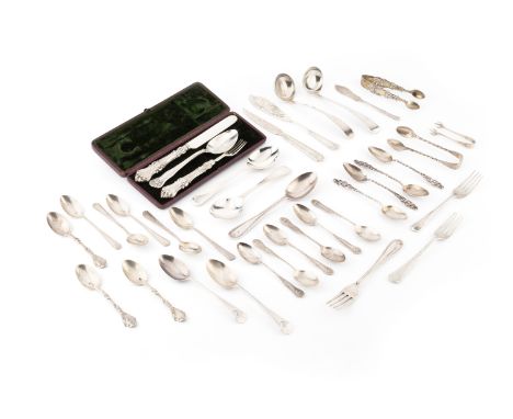 A collection of silver flatware, to include two George IV Scottish fiddle pattern sauce ladles by Alexander Henderson, Edinbu