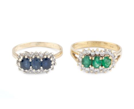 An emerald and diamond triple cluster ring, the oval mixed-cut emeralds bordered by round brilliant-cut diamonds, two colour 