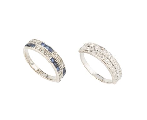 A sapphire and diamond half hoop ring, set with two rows of alternating trios of single-cut diamonds and step-cut sapphires, 