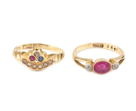 Two diamond set dress rings, the first of shaped half hoop design, with a diamond and stone set trio above an arc of half pea