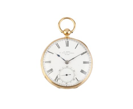 A mid Victorian 18ct gold open face pocket watch by Dent, the white enamel dial with Roman numerals and subsidiary seconds di