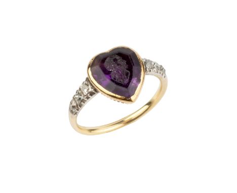 A 19th century amethyst and diamond dress ring, the heart-shaped amethyst intaglio incised with a portrait profile, in foiled