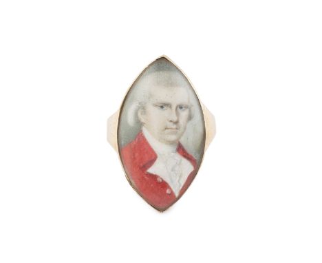 A Georgian memorial ring, the glazed navette-shaped panel inset with a miniature portrait of a gentleman, with powdered wig a
