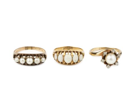 An opal five stone ring, the graduated oval cabochon opals in claw setting, together with a similar pearl five stone ring, (p