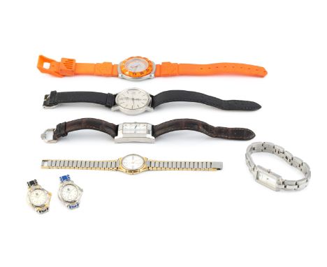 A collection of wristwatches, comprising a stainless steel cased automatic wristwatch by Omega, the circular silvered dial wi