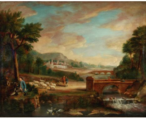 Altmeister 18. Jahrhundert, romantische Landschaft mit Blick auf Festung, old master 18th century, romantic landscape with a 