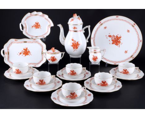 Herend Apponyi Orange Teeservice für 6 Personen, tea service for 6 pers.,25-teiliges Porzellan, Ungarn 20. Jahrhundert, blaue