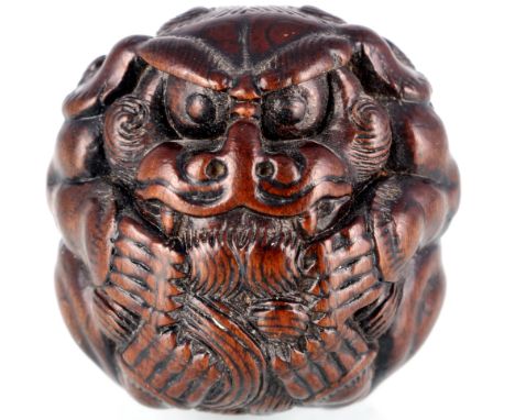 Japan 19. Jahrhundert Netsuke Katabori kugelförmiger Shishi Meiji-Period, japanese wooden netsuke figure,Buchsbaum, Japan Mei