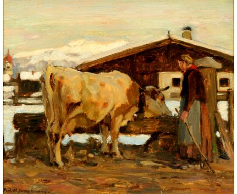 Julius Paul Junghanns (1876-1958) Kuh an der Tränke mit Bäuerin, cow at drinking trough,Öl/Holz, u. links signiert Jul. P. Ju