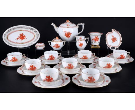 Herend Apponyi Orange Teeservice für 9 Personen, tea service for 9 pers.,34-teiliges Porzellan, Ungarn 20. Jahrhundert, blaue