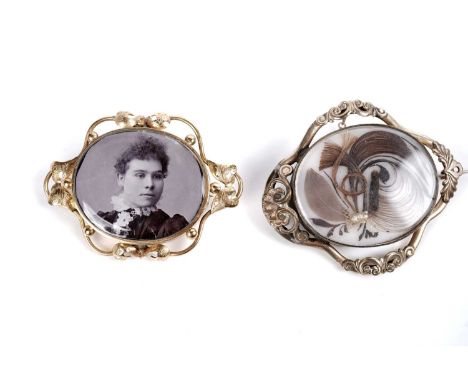 Two Victorian mourning brooches, comprising: in memoriam of 'Ann Masterman, Obt. 30th Nov 1856, AE. 95', with photographic po