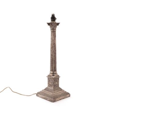 A late Victorian silver lamp base, by Elkington &amp; Co, Sheffield 1894, of Corinthian column form, 51cms high (excluding fi