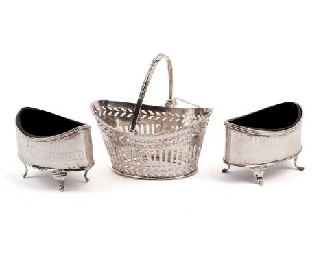 A Victorian silver miniature basket comport, by Henry Wilkinson &amp; Co, Sheffield 1886, 3.0oz gross; and a pair of silver o