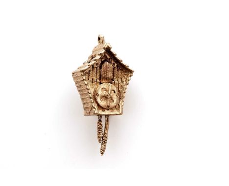 A 9ct yellow gold cuckoo clock pendant, with hatch opening to reveal yellow enamel chick, 30mm high, 5.0g gross.