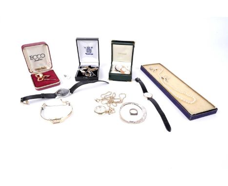 A selection of gold and costume jewellery, including: a cultured pearl and 9ct yellow gold spray brooch, 1.9g gross; a 9ct ye