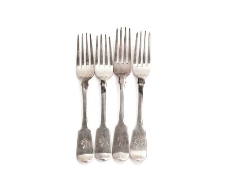 A harlequin set of Georgian silver table forks, comprising: two Georgian Newcastle silver table forks, by James Bell; a Victo
