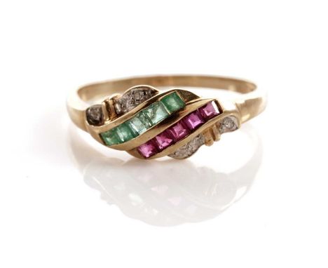 A ruby, emerald and diamond dress ring, in 9ct yellow gold, size R, 2.0g gross.