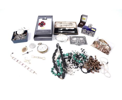 A selection of silver, costume jewellery and collectibles, including: two silver necklaces; a German silver brooch; a white m