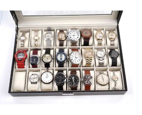 A watch box containing 21 Gents and Ladies watches, to include a Tissot PR 516 GL Automatic; an Uno Automatic; a Seiko Chrono