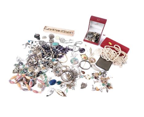 A selection of costume jewellery, including: bead necklaces; a cultured freshwater pearl necklace; two seed pearl brooches; b