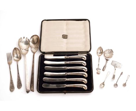 A set of six silver pistol-handled knives, by John Biggin, Sheffield 1920, with silver plated blades, in fitted case retailed