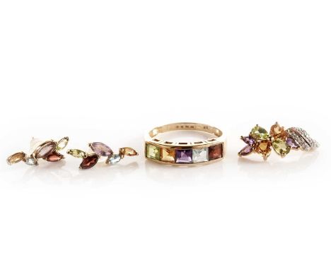 A garnet, topaz, amethyst, citrine and peridot dress ring, in 9ct yellow gold, size R, 2.1g gross; together with a pair of co