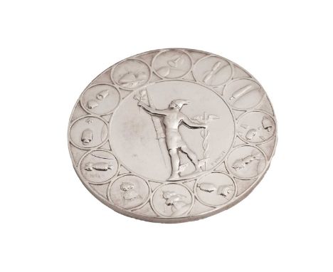 A Moon Landing commemorative silver medallion, by Paul Vincze, the obverse with figural moon landing scene, inscribed "Man's 