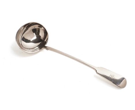 A late Victorian silver ladle, by Josiah Williams &amp; Co, London 1890, with engraved tree motif to handle, 33cms long, 9.1o