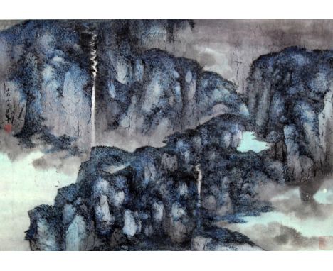 A 20TH CENTURY CHINESE SCROLL PAINTING ON PAPER, depicting a stylised mountainous river landscape, with artist's signature an