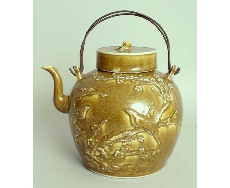 A LARGE 20TH CENTURY CHINESE OLIVE-GREEN GLAZED PORCELAIN TEAPOT & COVER, together with a fitted box, the teapot moulded in r