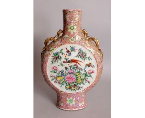 A 19TH CENTURY CHINESE CANTON FAMILLE ROSE PINK GROUND PORCELAIN MOON FLASK, painted with two circular panels of birds, butte