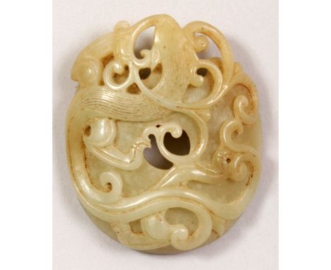 A FINE QUALITY 18TH/19TH CENTURY CELADON JADE PLAQUE, the domed upper surface pierced and carved in relief with a sinuous chi