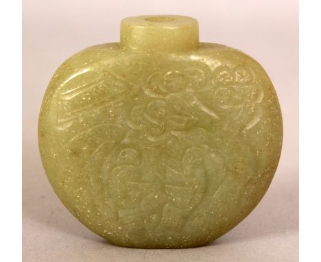 A CHINESE CELADON JADE LIKE SNUFF BOTTLE, decorated to one side with a sage and attendant standing beneath a pine tree, 2.2in