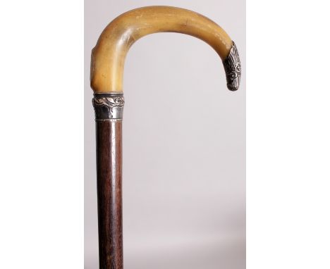 ANOTHER 19TH CENTURY CHINESE RHINO HORN HANDLED WOOD WALKING STICK, with a silver-metal collar and silver-metal handle tip, t