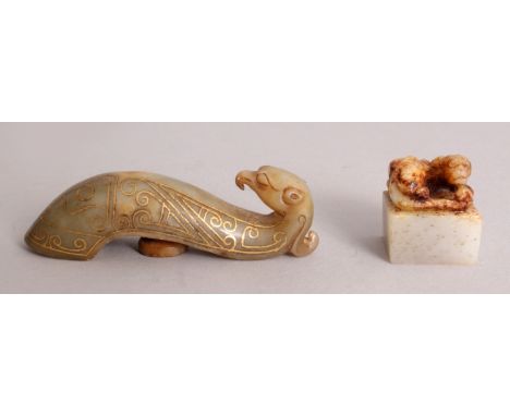 A CHINESE HAN STYLE GILT INLAID JADE BELT HOOK, the chilong head with a curved beak, 3.25in long; together with a small jade 