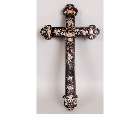 A GOOD QUALITY 19TH CENTURY CHINESE MOTHER-OF-PEARL INLAID HARDWOOD CRUCIFIX, well decorated with floral arrangements, crowns