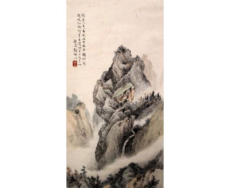 A 20TH CENTURY CHINESE HANGING PAINTING ON PAPER, depicting a mountainous river landscape setting, with calligraphy and artis