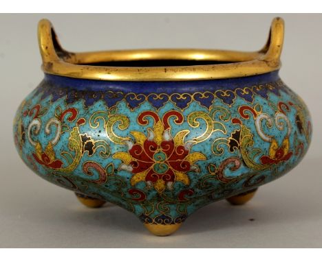 A FINE 18TH CENTURY CHINESE QIANLONG MARK &amp; PERIOD CLOISONNE TRIPOD CENSER, of Imperial quality, weighing 445gm, the side