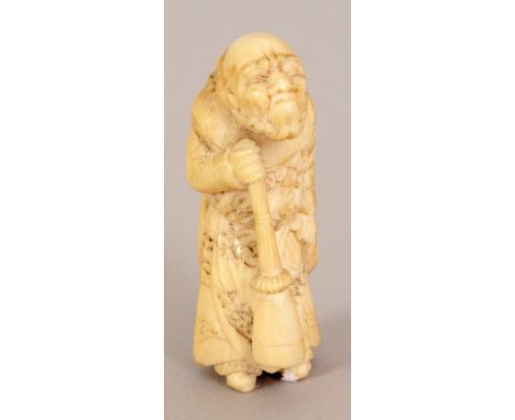 A SIGNED JAPANESE MEIJI PERIOD CARVED IVORY NETSUKE OF A BEARDED DUTCHMAN BY SHOICHI, standing and with a horn held before hi