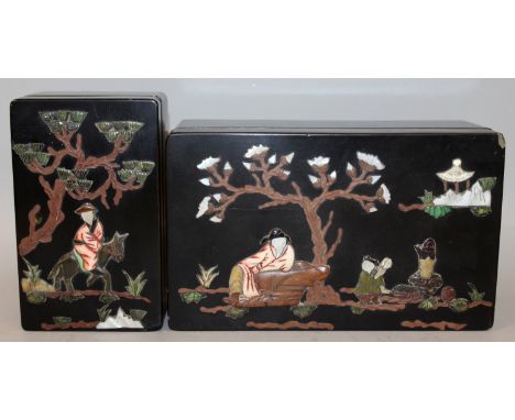 TWO 19TH/20TH CENTURY CHINESE ONLAID LACQUER BOXES, each decorated in onlaid stained ivory, mother-of-pearl and hardstones wi