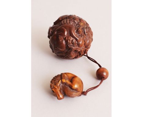 A JAPANESE ONE CASE WOOD ANIMAL ZODIAC INRO, together with a wood netsuke in the form of a horse and with a spherical wood oj