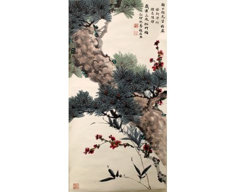 ANOTHER 20TH CENTURY CHINESE HANGING PAINTING ON PAPER, with fitted silk lined box, the painting depicting plum blossom and p