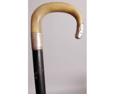 ANOTHER 19TH CENTURY CHINESE RHINO HORN HANDLED WOOD WALKING STICK, with a silver-metal collar and silver-metal handle tip, t