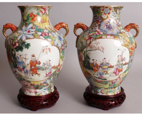 A FINE QUALITY MIRROR PAIR OF EARLY 20TH CENTURY CHINESE REPUBLIC PERIOD MILLEFLEUR PORCELAIN VASES, together with later fitt