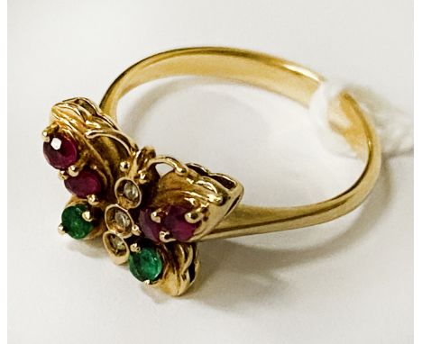 18CT GOLD DIAMOND EMERALD &amp; RUBY RING SIZE L - 3.7 GRAMS APPROX