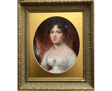 19TH CENTURY ENGLISH SCHOOL. OIL ON BOARD. “PORTRAIT OF WOMAN WEARING A PEARL NECKLACE”.MEASURES 25.5CM X 30.5CM.CONDITION RE